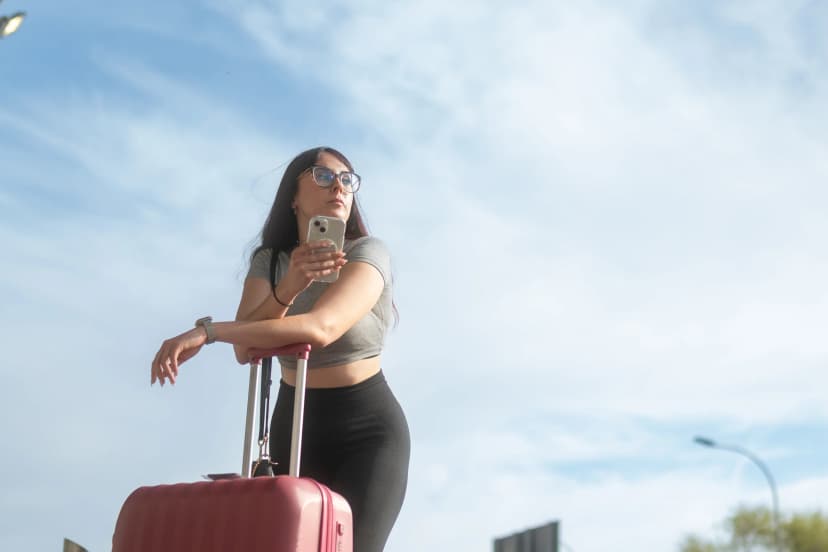Tourist is using a ride-sharing app on her phone while waiting with her luggage
